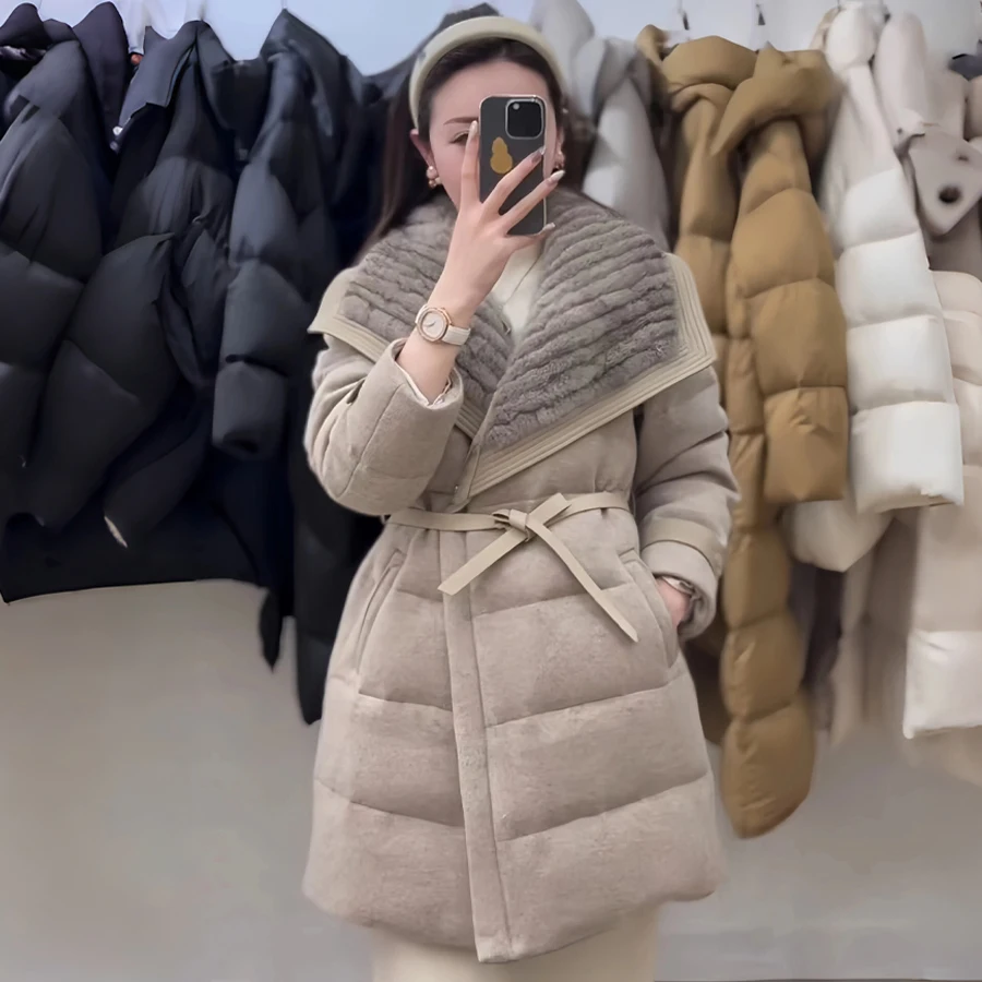 

Cashmere Wool Mink Down Coats Long Natural Fur Puffer Jacket With Fur Collar Luxury Winter Down Coat For Women