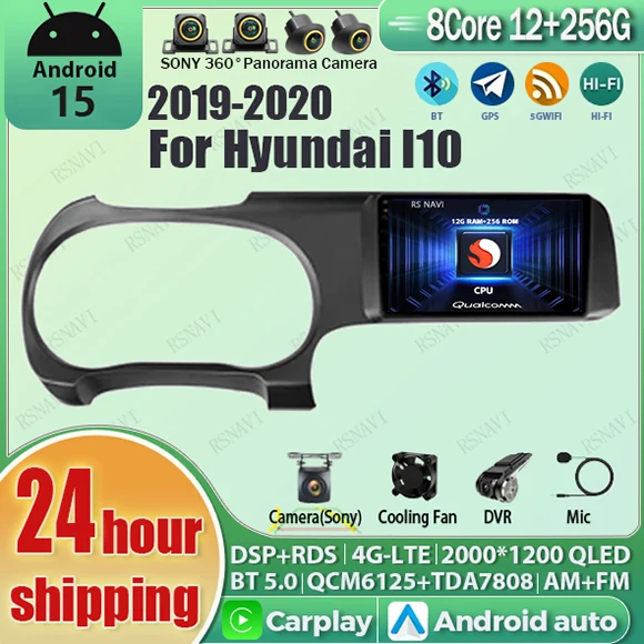 أندرويد 15 Carplay Auto Qualcomm 2K QLED شاشة مشغل راديو السيارة لشركة هيونداي i10 2019-2020 نظام تحديد المواقع ستيريو BT واي فاي 4G الملاحة DSP