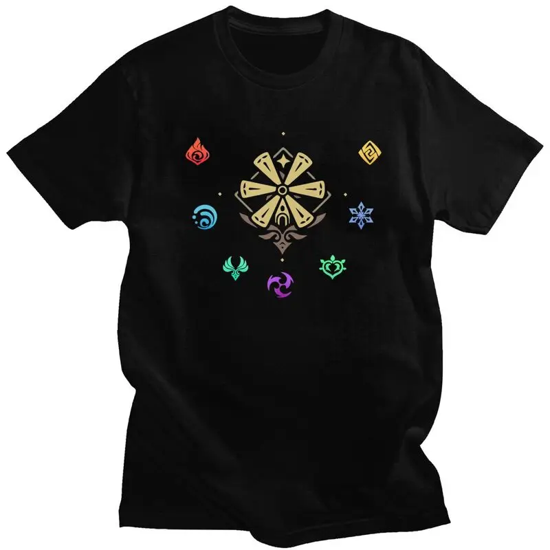 Custom Genshin Impact Elements T Shirt for Men Tshirt Tee Short Sleeve Anime Game T-shirts Slim Fit Clothing
