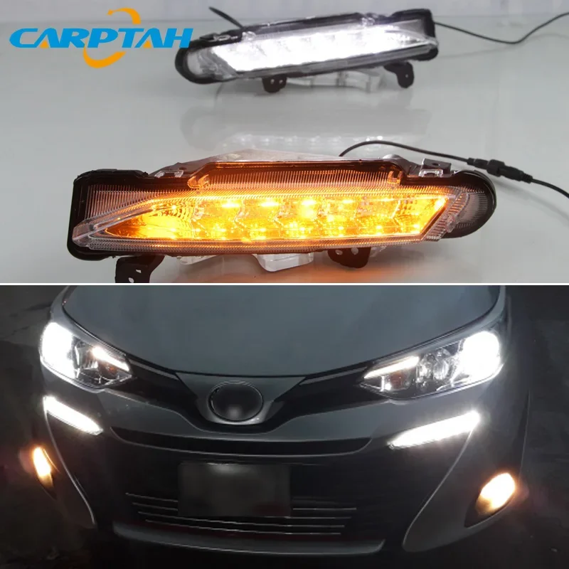 Car LED 12v Daytime Running Light For Toyota Yaris 2017 2018 2019 Auto DRL Daylights Dynamic Yellow Turn Signal Driving Lamps