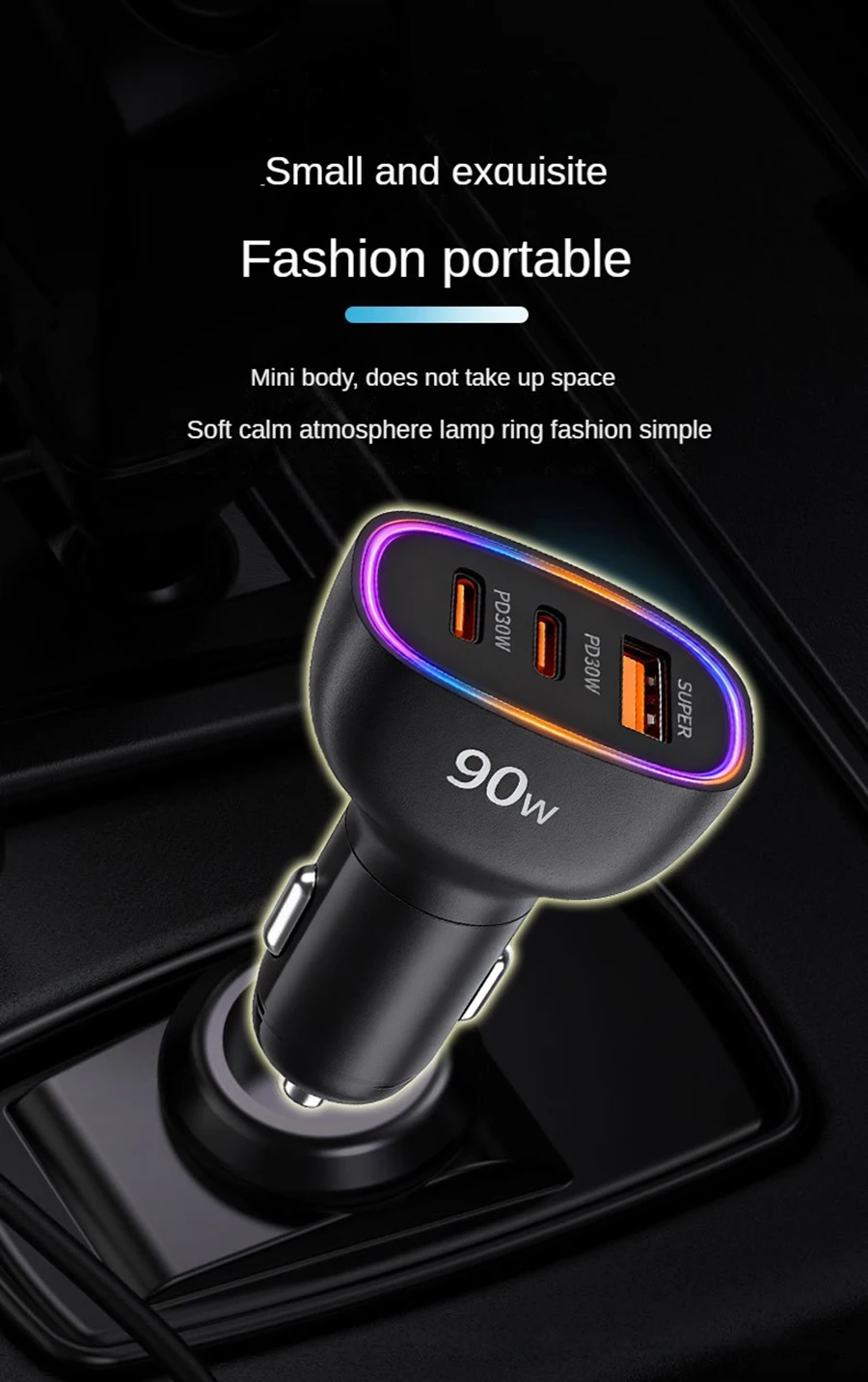 Fast Car Charger 90W 3 Ports Multi USB C PD 30W and USB A QC 30W Automobile Power Adapter with Glowing Ring For Smart Devices