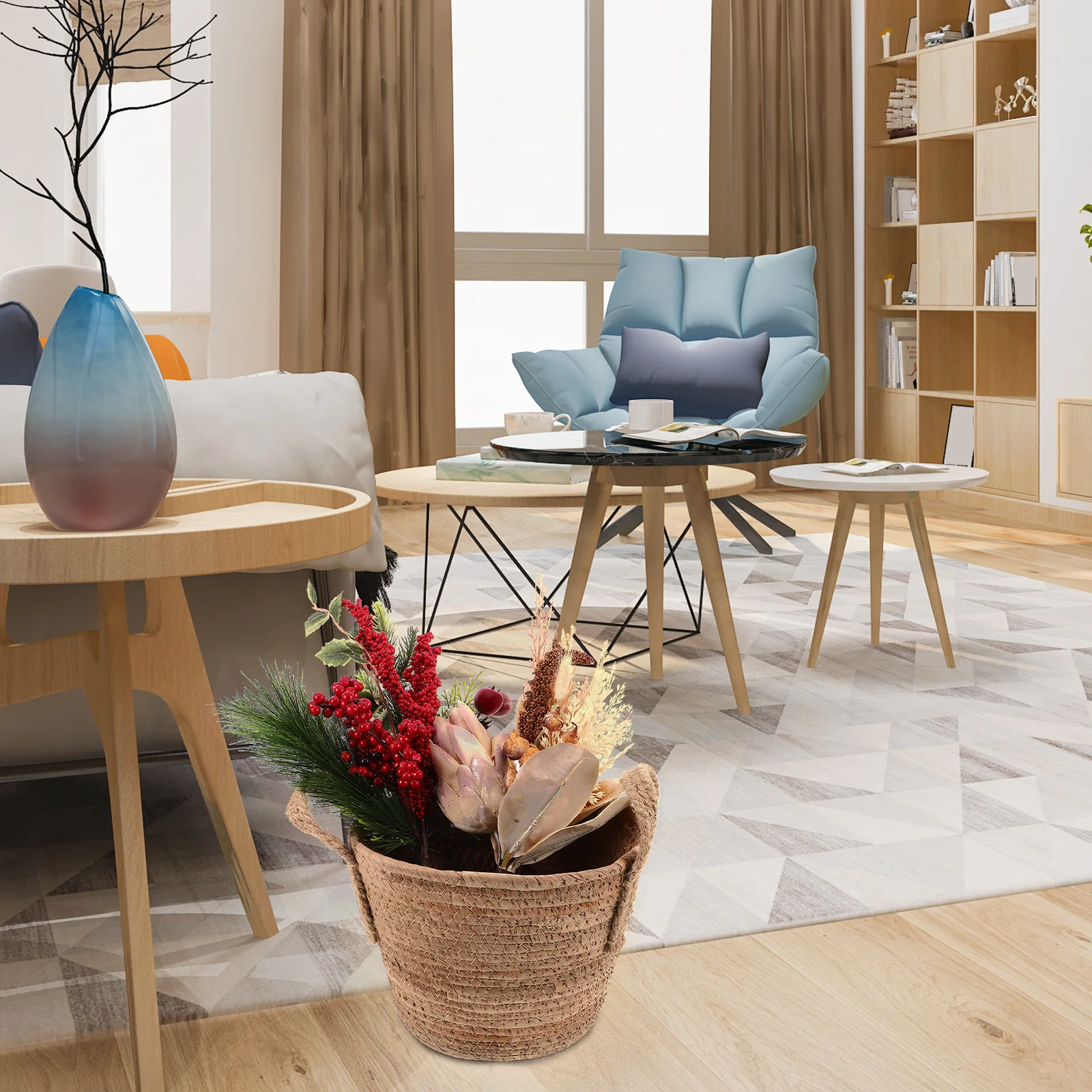 

1pcs Round Seagrass Basket Pot Braided Handles Decorative Wicker Storage Basket Living Room Bedroom Organization Natural Rattan