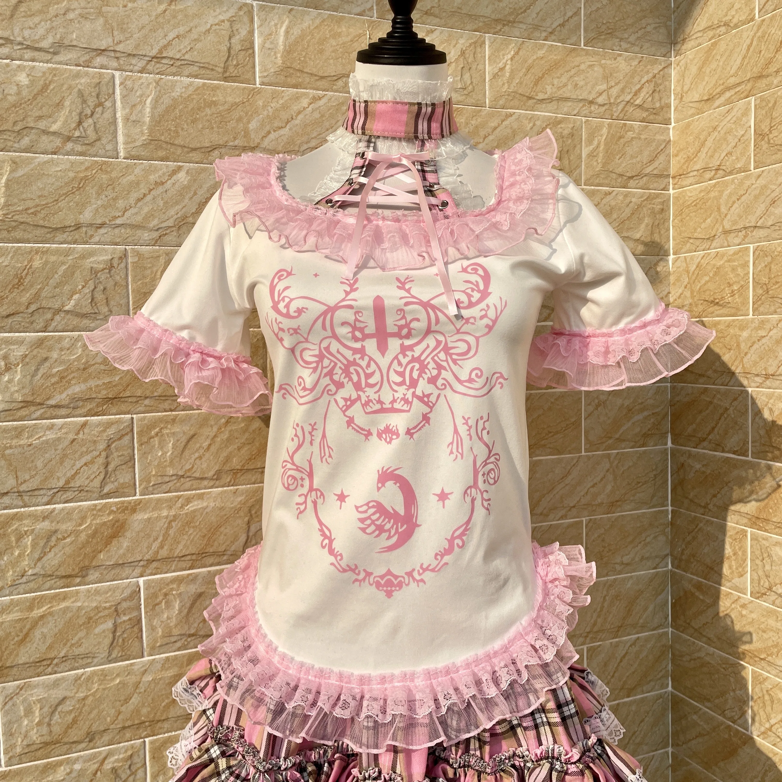 

Ruibbit Harajuku Punk Print Pink Halter Slim Lace Short Sleeve Spice Girl Bottomed T-shirt Women Halter Collar T-shirts Y2k Top