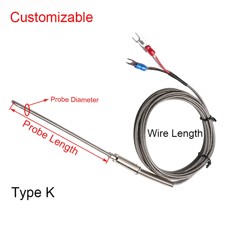 1PC 1.5M K-type Armored WRNK-191 Thermocouple Stainless Steel Braiding Insulated Wire 100/200/300mm Bendable Probe