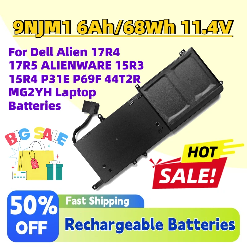 High-Quality New 9NJM1 68Wh 11.4V Battery for Dell Alien 17R4 17R5 ALIENWARE 15R3 15R4 P31E P69F 44T2R MG2YH Laptop Batteries