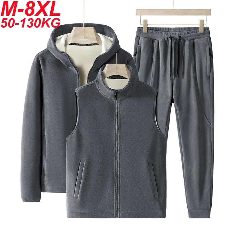 Big Size 8xl 7xl Men Hoodies+Vests+Pants Suit Lamb Cashmere Winter Thicken Fleece Keep Warm Velour Sport 3 Pieces Sets Plus Size