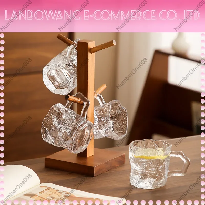 Retro Glass Water Cup with Solid Wood Holder, Heat-Resistant Tea Cup for Home Living Room, Classy Drinking Mug with Handle