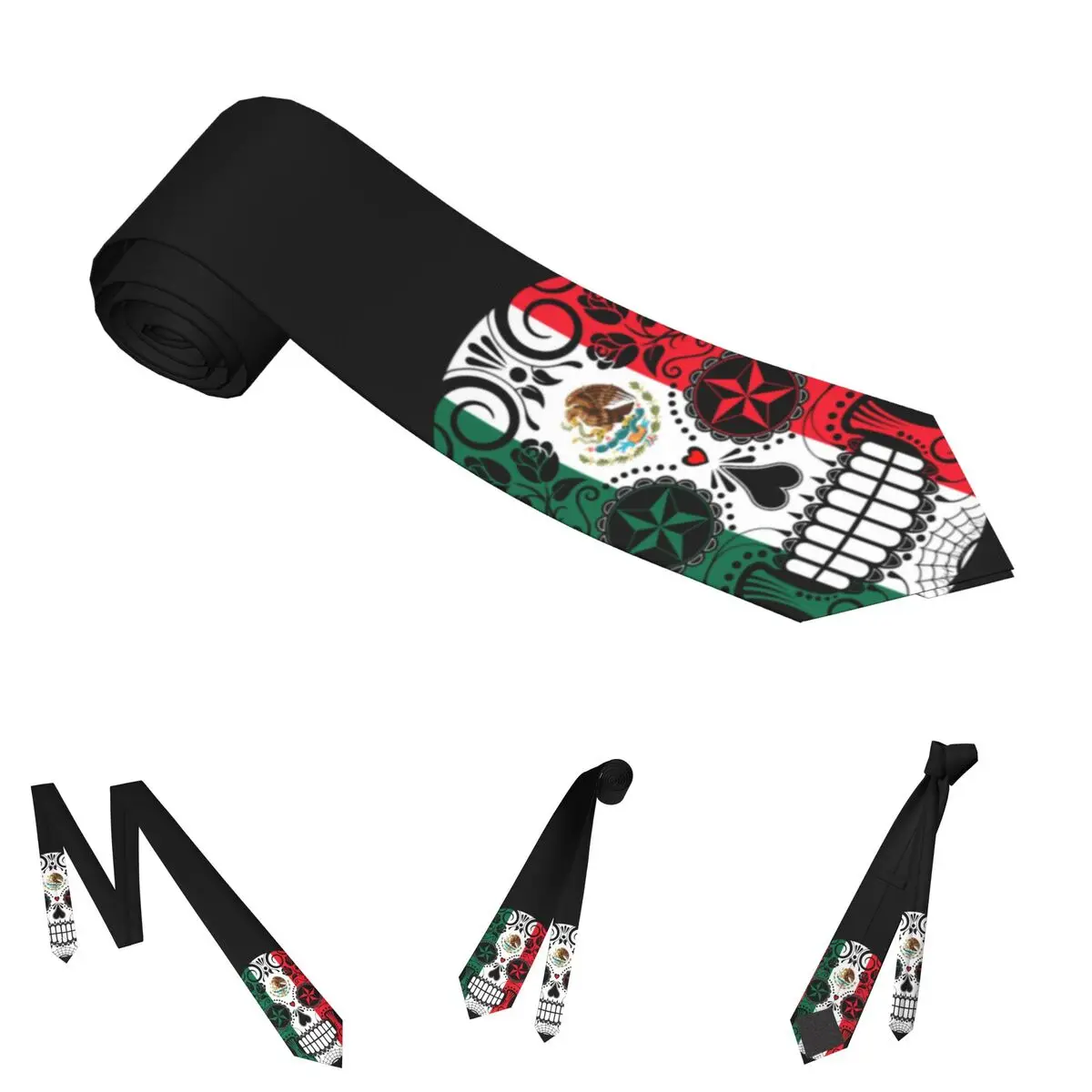 เนคไททรงสลิมลายหัวกะโหลกน้ำตาลกุหลาบและธงชาติเม็กซิโก ผ้าโพลีเอสเตอร์ กว้าง 8 ซม. สำหรับผู้ชายและผู้หญิง เหมาะสำหรับใช้เป็นเครื่องประดับในออฟฟิศ