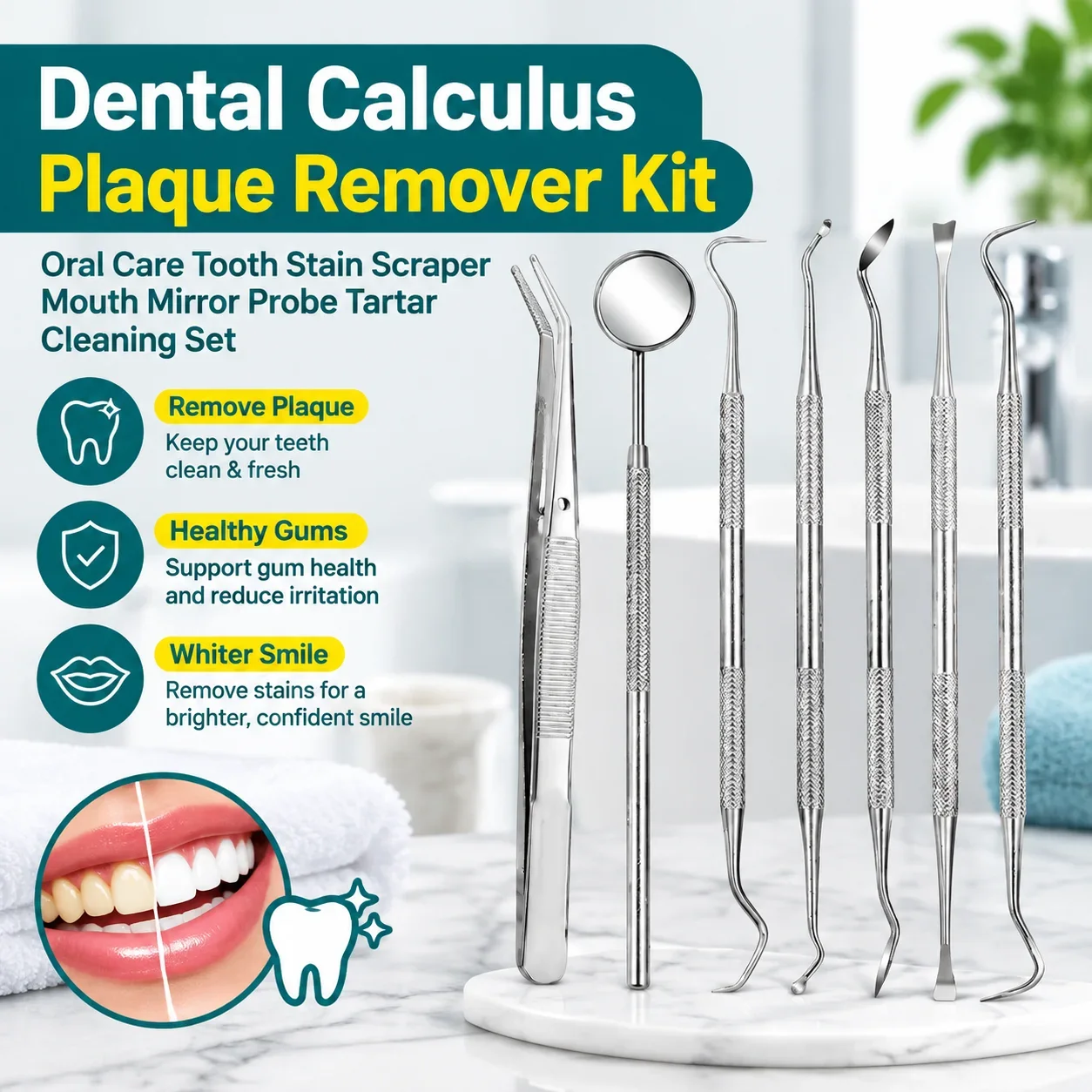 Dental Calculus Plaque Remover Kit Oral Care Tooth Stain Scraper Mouth Mirror Probe Tartar Cleaning Set