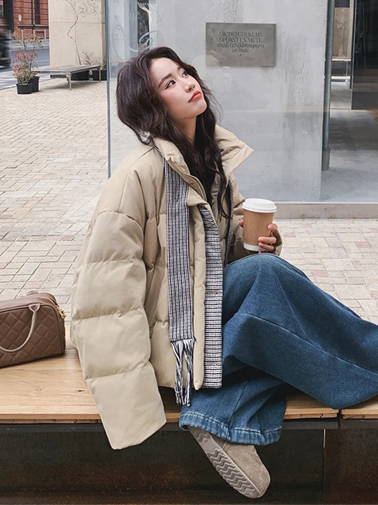 카키 체크무늬 여성용 다운 재킷 따뜻하고 패셔너블한 디자인 겨울 아우터웨어 캐주얼 루즈핏 화이트 다운