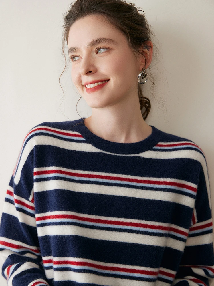 جديد الخريف الشتاء المرأة 100% سترة الكشمير المعنقة مخطط س الرقبة طويلة الأكمام البلوز الكشمير تريكو لينة ملابس غير رسمية نمط