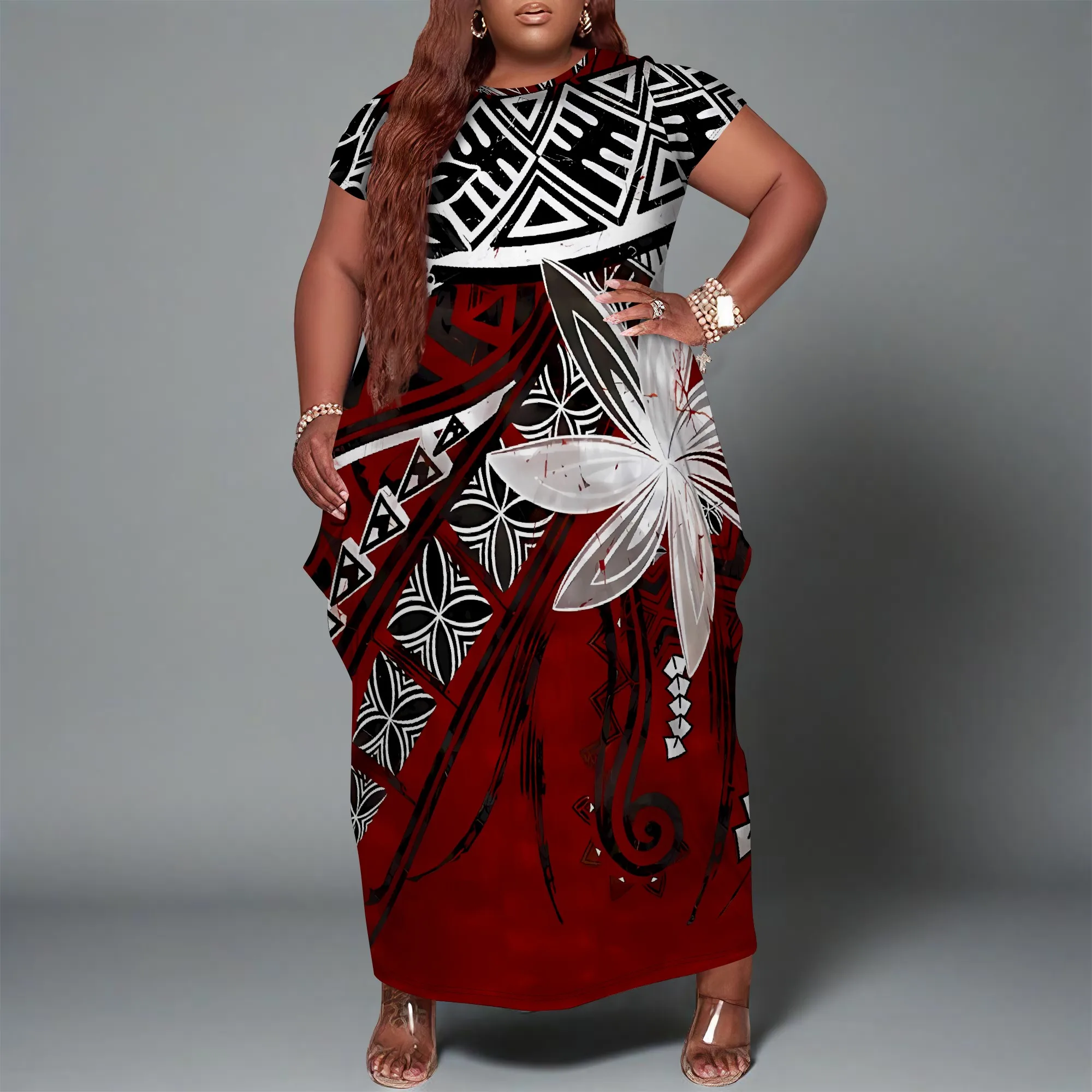 

Nupusa Tribal Print Dress for Women Plus Size Summer Casual Crew Neck Short Sleeve Maxi Dress