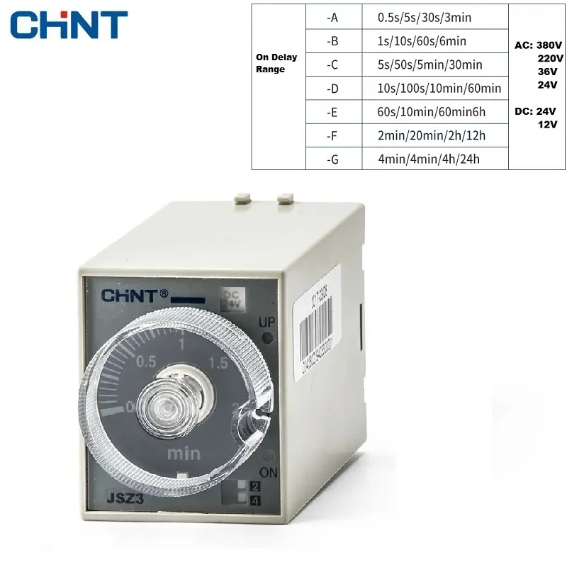 CHINT Time Power On Delay Relay  JSZ3A-A A-B A-C A-D A-E 1S 5S 10S 30S 60S 1M JSZ3A ST3P AC380V AC220V AC110V AC24V DC24V DC12V