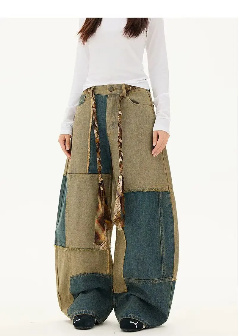 Dirty Wash Distressed Embroidered Hip-hop Fashion Vintage Streetwear Y2K Wide Leg Straight Jean High Waist Trouser Denim Pants