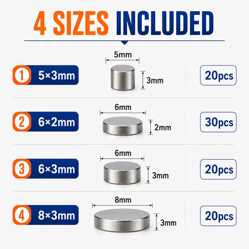90-teiliges 3D-Druck-Magnet-Set, 4 Größen 5x3 6x2 6x3 8x3mm Neodym-Scheibenmagnete für 3D-gedruckte Modelle, DIY-Projekte, Aufbewahrungsbox – Detail 8