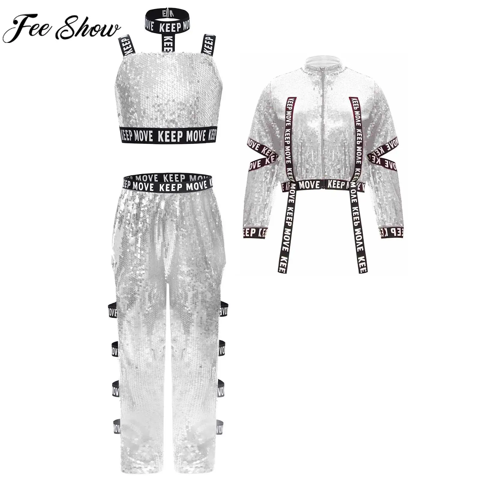 

Детский наряд для выступлений в стиле хип-хоп, джаз, уличных танцев, блестящая куртка с буквенным принтом и брюками, укороченный жилет, спортивная одежда