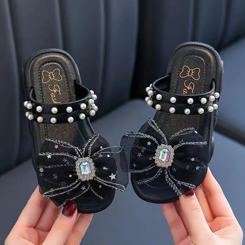 Trendy Cute Rhinestone Pearl Bowknot Decor Slippers For Girls, Breathable Lightweight Wear-resistant Slippers For Indoor Home