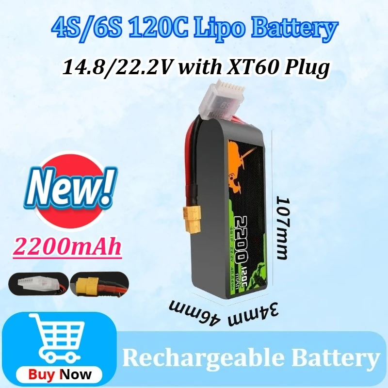 

Upgraded 14.8/22.2V 2200mAh for Ovonic 4S/6S 120C Lipo Battery + XT60 Plug for RC Helicopter Quadcopter FPV Racing Drone Parts