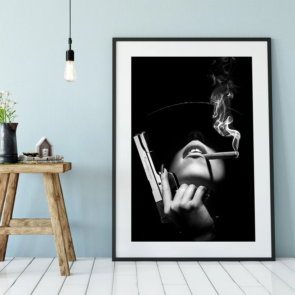 Woman with Handgun Canvas Painting Poster and Print Black and White Wall Art for Living Room Home Decorations