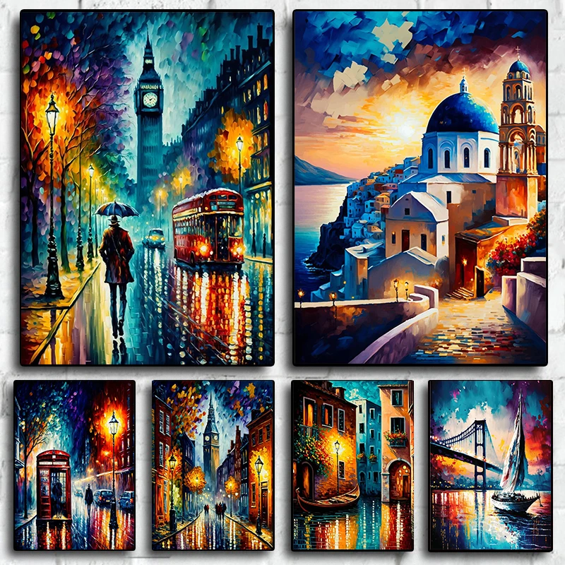 Afremov 스타일 포스터 헤비 오일 컬러 페인팅 풍경 포스터, 캔버스 인쇄, 벽 아트 장식 페인팅, 홈 룸 장식