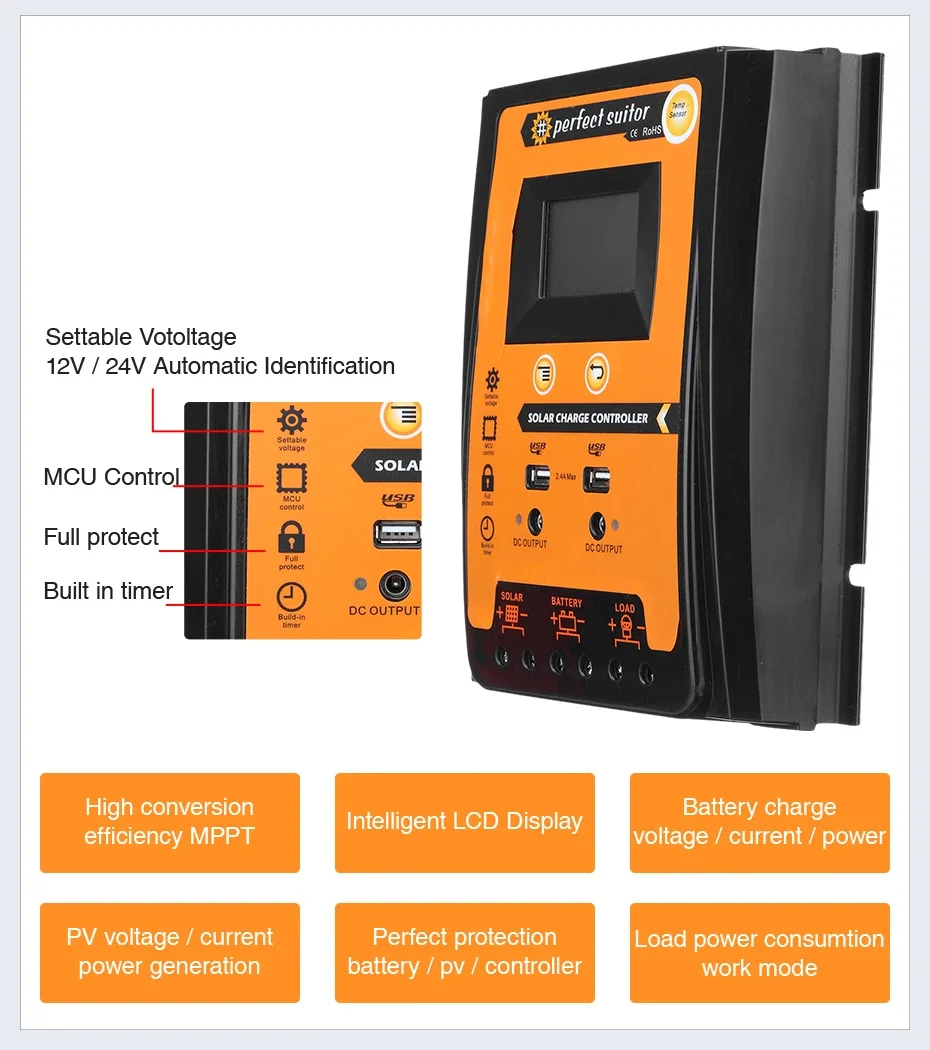 12V 24VDC Automatyczny regulator ładowania słonecznego Kontroler 30A z podwójnym wyjściem USB Wyświetlacz LCD Max 55V Wejście panelu ogniw