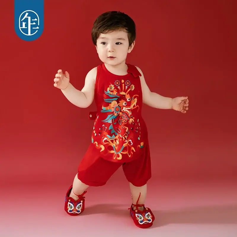 2024 Summer Kawaii Red Halter Neck Dragon Printed Belly Pants Tang Suit Baby Boys Girls Chinese Style Newborn Children's Clothes