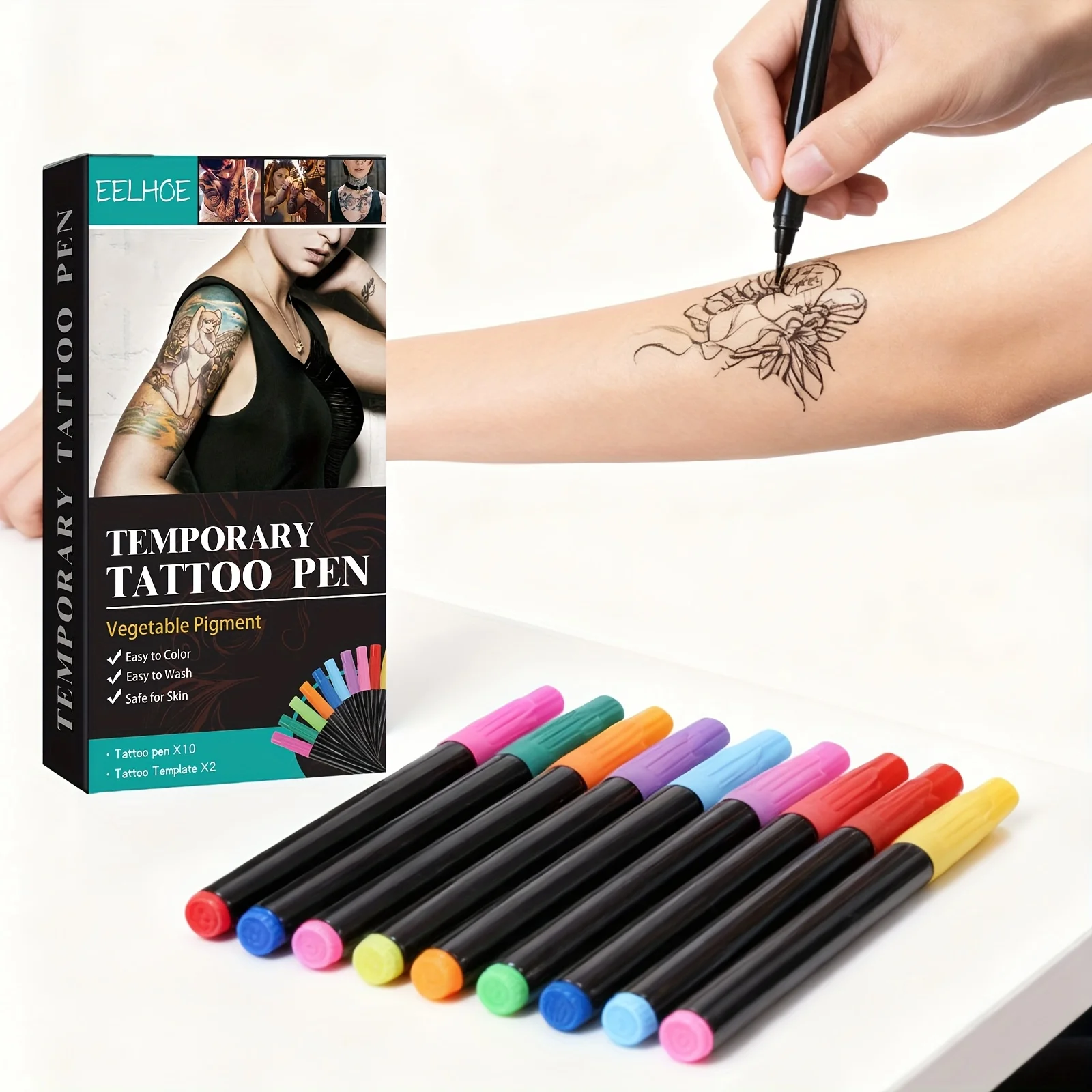 

1 набор временных ручек для татуировки, водонепроницаемых и долговечных, легко создавать уникальный дизайн, безопасный и без запаха, моющиеся, различные цвета для удовлетворения различных потреб, простота в использовании, всегда доступны