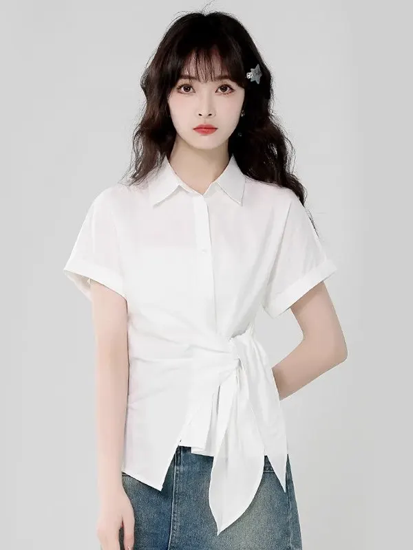 

White Belted irt Women's ort Sve Slim Fit Design Summer New Sle Ele Faion Small Batch Production Top