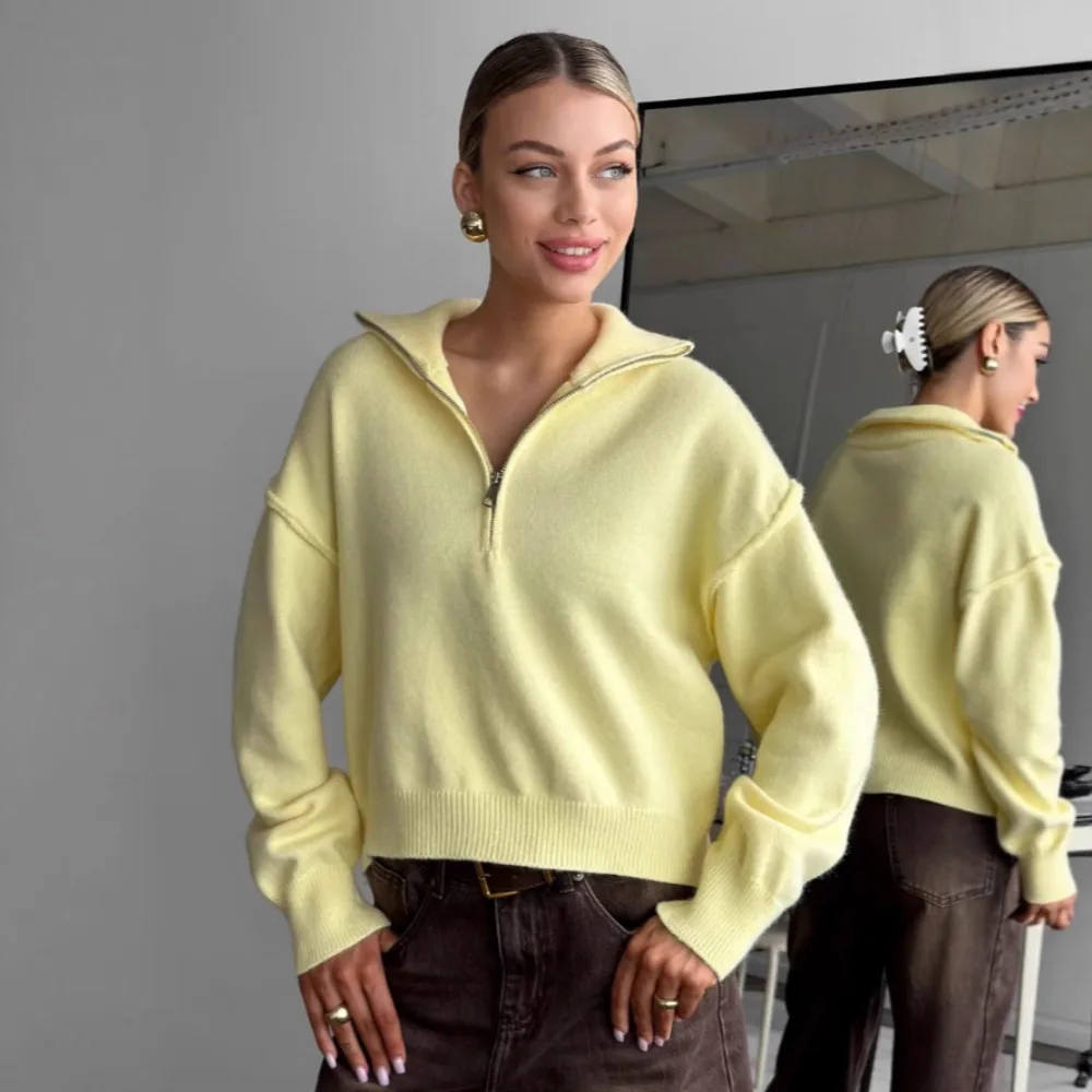 Soft Half Zip Funnel Neck Knitted Pullover for Women Long Sleeve Top Loose Korean Minimalist Elegant Daily Autumn Winter Sweater