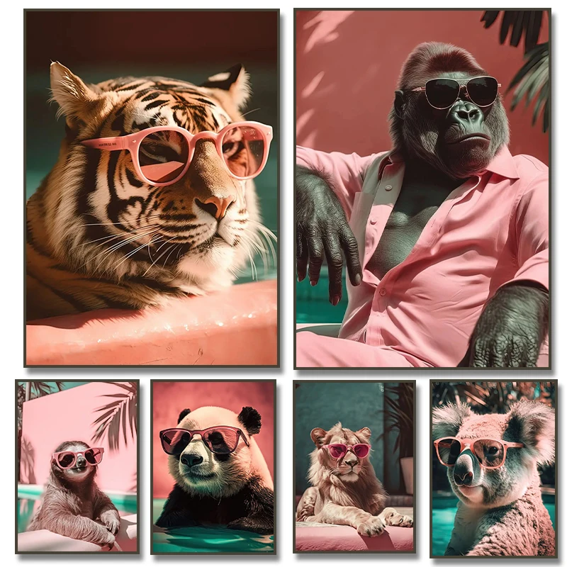 Pink Style Animals with Sunglass Poster  Sloth Lion Tiger Gorilla Koala Canvas Painting Print Poster Wall Art Decor Gift