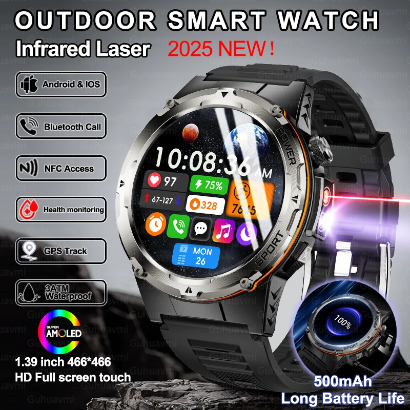 New Outdoor 365nm UV+ infrared GPS Track Smart Watches Men 1.39-Inch AMOLED Screen 500 Mah Battery BT Call SmartWatch For Xiaomi