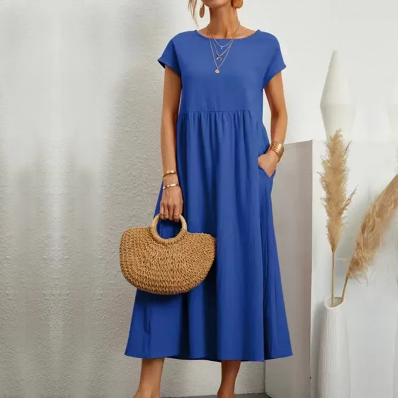 Women\'s Dress Summer New Round Neck Short Sleeve Cotton Pleated Elegant Dress Fashion Solid Color Combination Vintage Long Dress