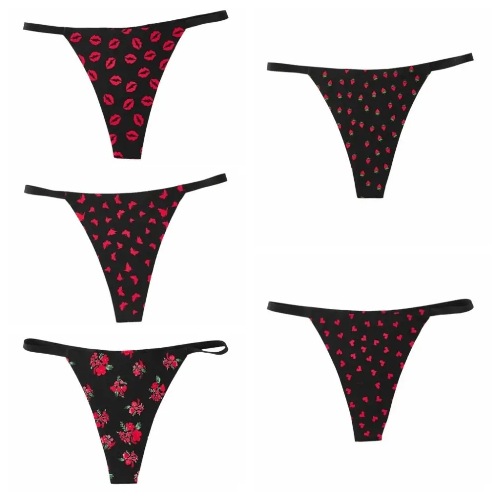 Elegantes tangas sin costuras para mujer, de cintura baja, con diseño de labios, T-back, ropa interior con estampado de fresas y corazones para chicas.