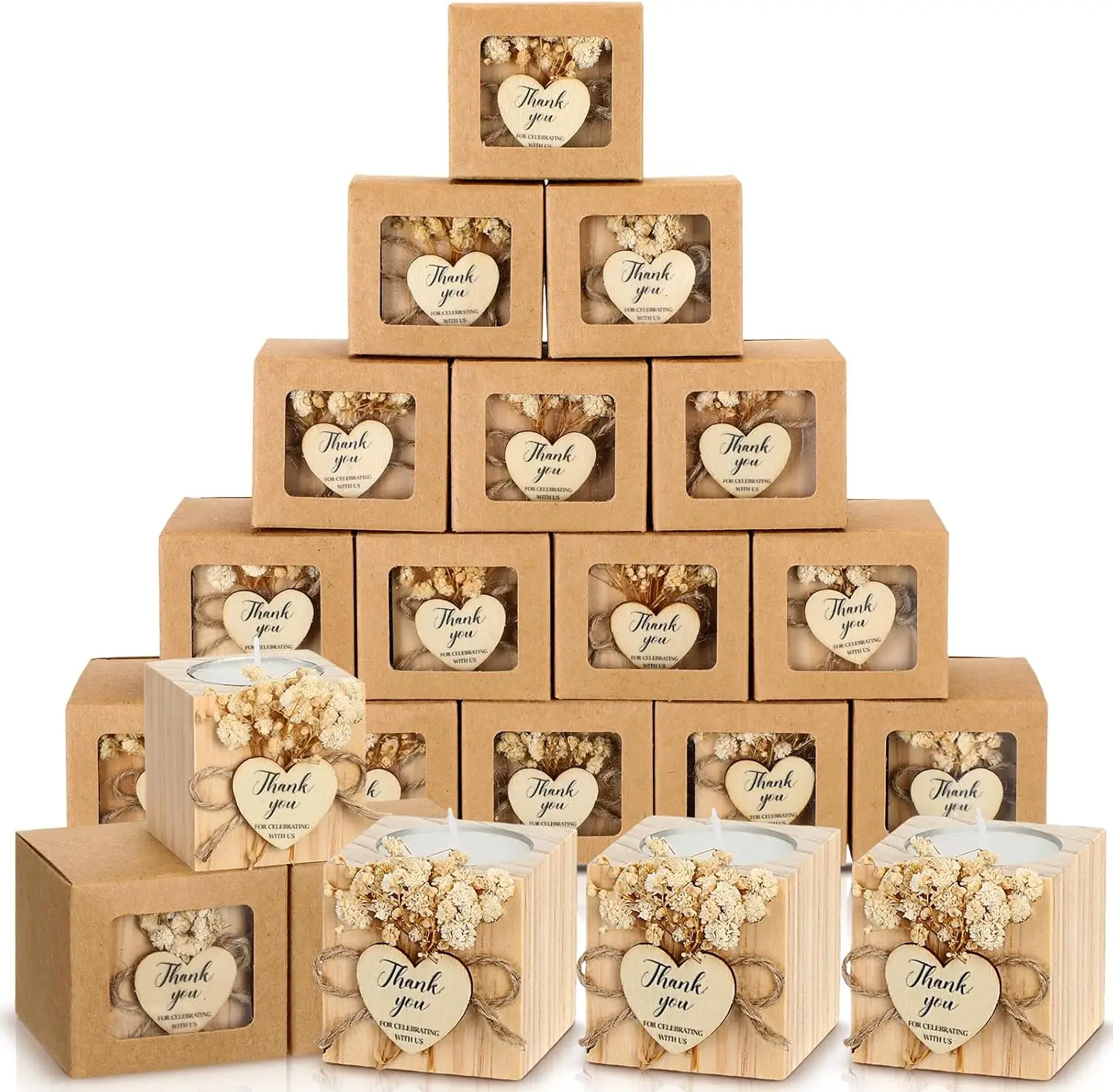 

50 Sets Wedding Candles Favors Bridal Shower Thank You Gifts for Guest Rustic Wood Candle Holders Bulk Tealight Holder Baptism Favors(Light Brown)