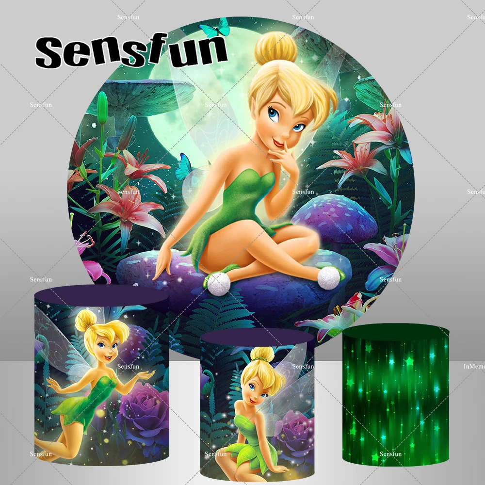 요정 씽커벨 공주 소녀용 원형 배경, 베이비 샤워, 생일 파티 배경 엘프, 숲 플린스 커버