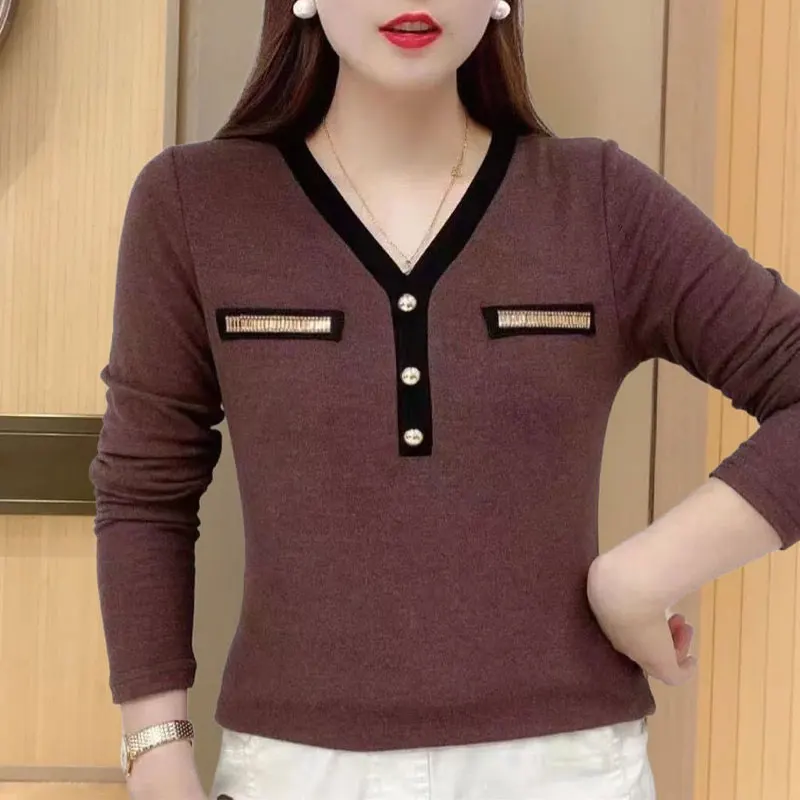 

Casual Solid Color Spliced T-shirt Long Sleeve Commute V-Neck Spring Autumn Chic Diamonds Female Clothing Fashion Pullovers New