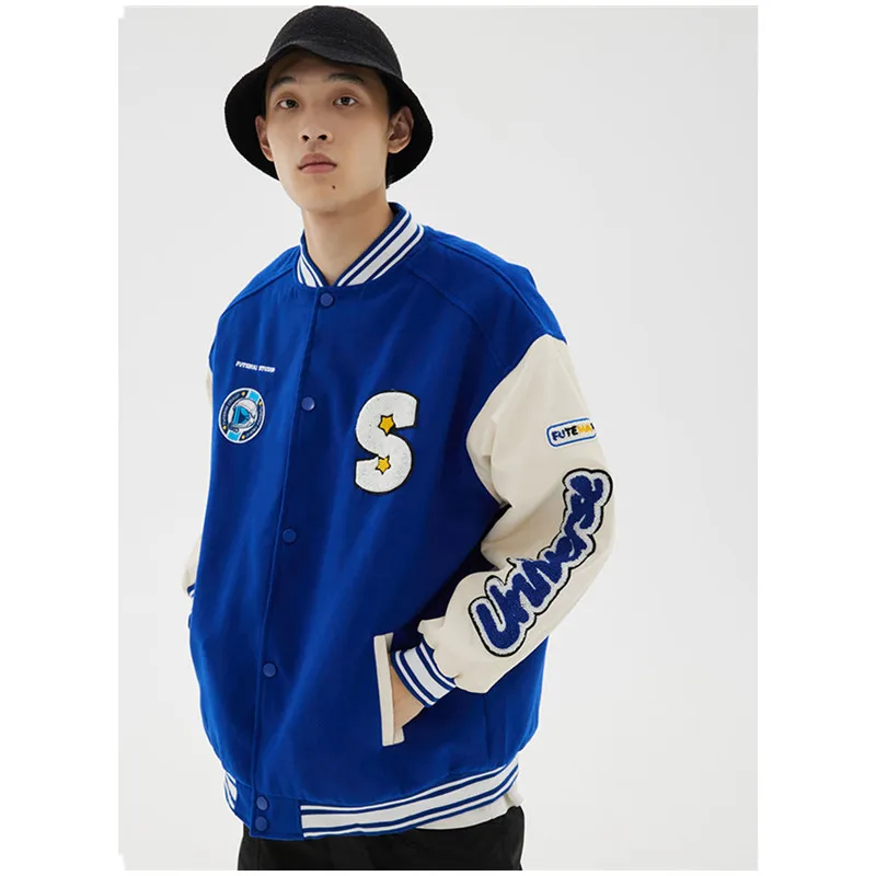 Chaqueta de béisbol azul Klein para hombre, chaqueta de retales Vintage Unisex, Jersey de béisbol americano de Hip Hop, abrigo informal para pareja