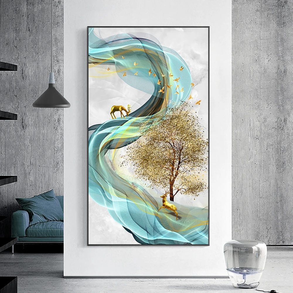 

Abstract Tree Golden Deer Canvas Painting Modern Nordic Landscape Posters And Prints Wall Art Picture For Living Room Home Decor
