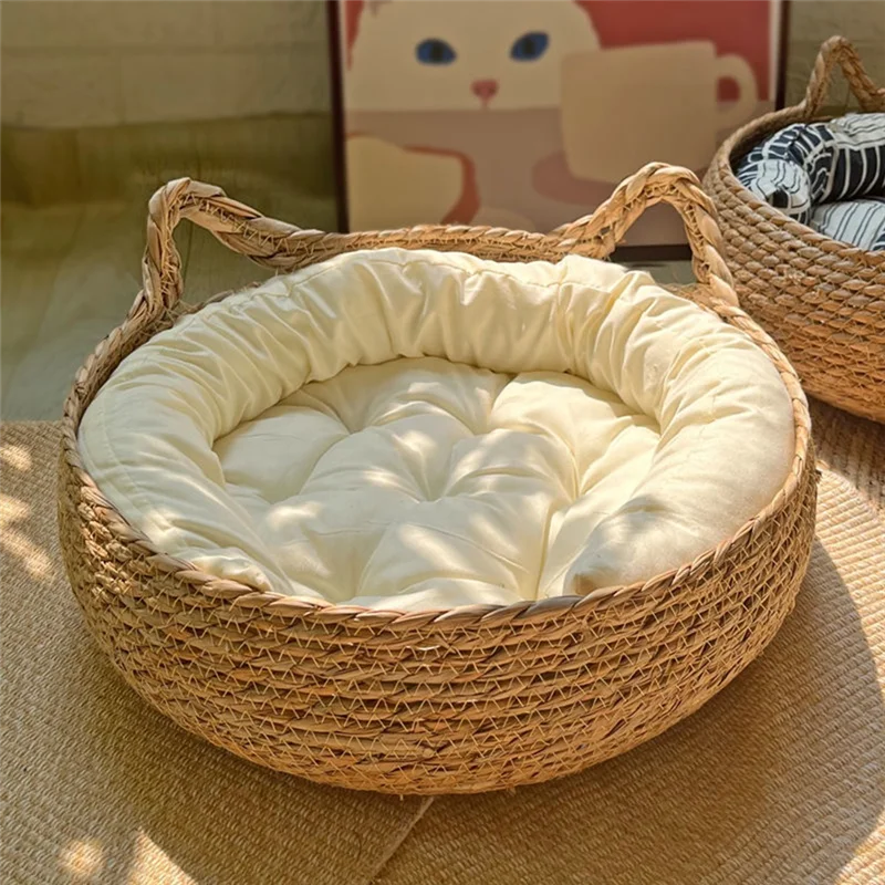 

A67M-Cozy Cat Dog Bed Summer Cat Scratching Board Rattan Washable Kitty Litter Cat Supplies Woven Removable Cushion