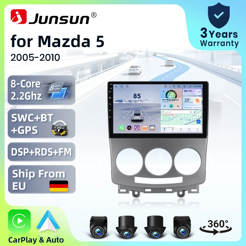 Systèmes stéréo intelligents Android 15 Junsun 9 pouces pour Mazda 5 CR 2005-2010, caméra 360°, autoradio, CarPlay sans fil, commande vocale IA, écran tactile IPS, lecteur vidéo multimédia intelligent, unité principale 2 Din, GPS, Mirror Link, Bluetooth, 4G, WIFI, 8 cœurs, RDS, DSP