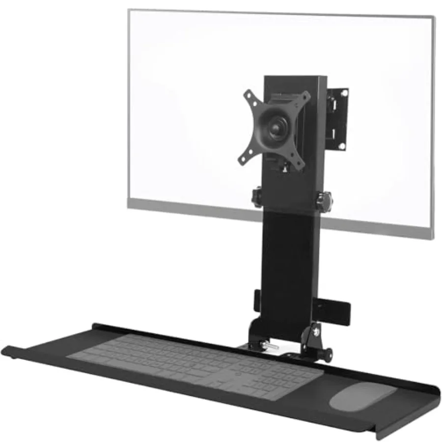 Monitor wall mount with foldable keyboard tray for Mac mini/small PCs: 26 curved platform in black aluminum space-saving design
