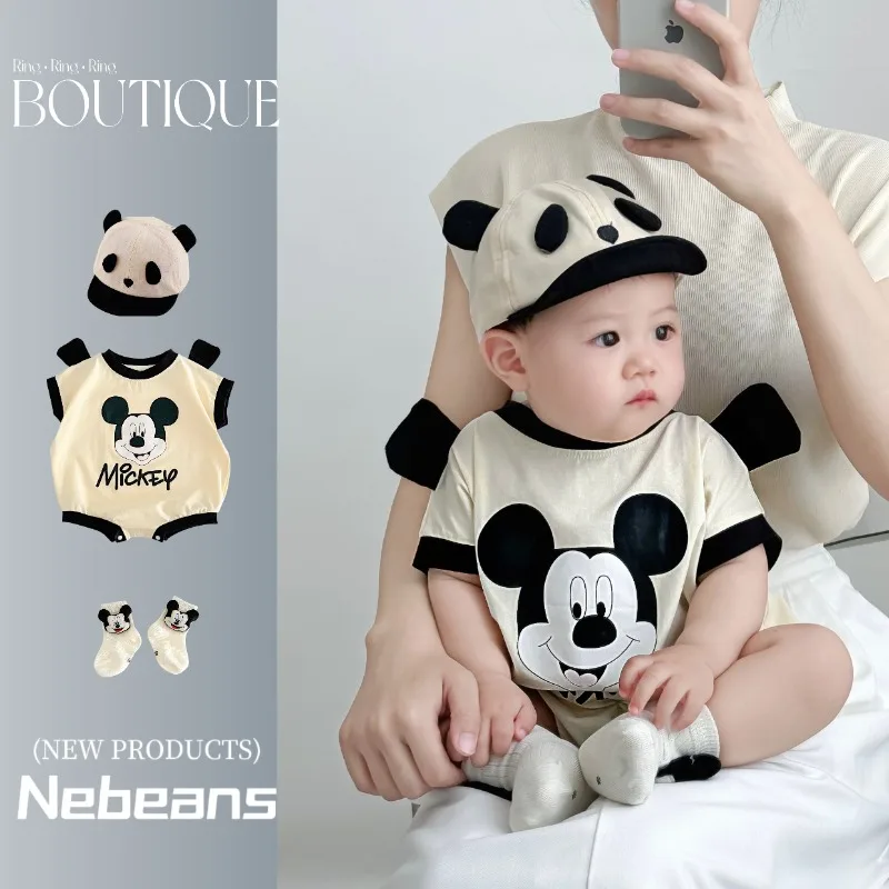 Newborn Boys Girl Rompers Sock Hat 3pcs Set Cartoon Mickey Mouse Jumpsuit Infant Costume Short Sleeve Bodysuits K2461-1