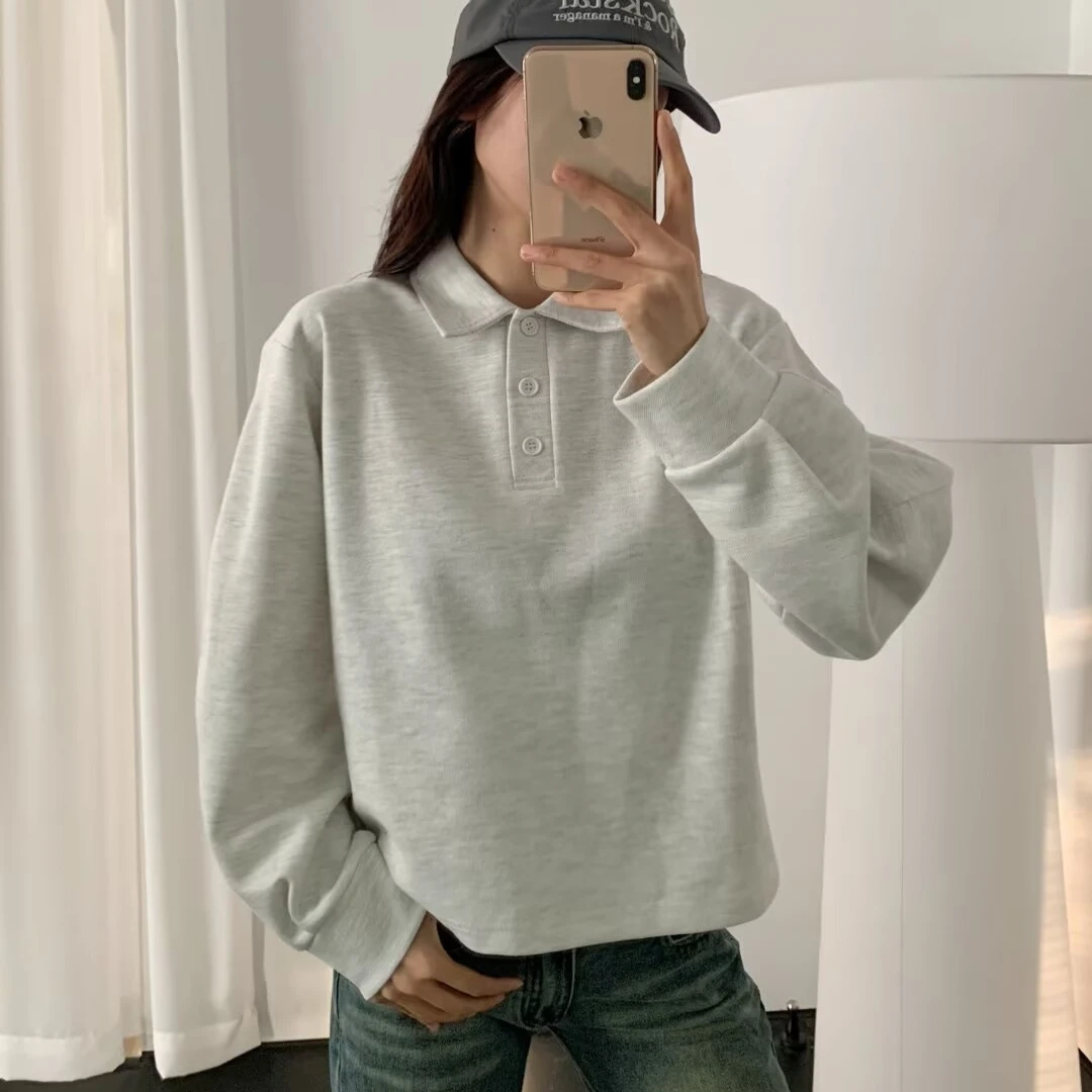 고품질 베이직 스페이스 코튼 Ne 스웨트 여성용 심플 턴다운 칼라 박시핏 피부 친화적인 에어 레이어 롱 슬리브