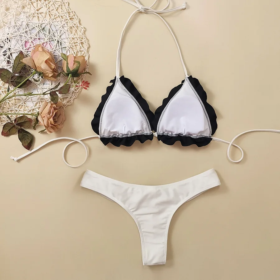 เซ็กซี่สีขาวสีดํา patchwork bow tie ชุดบิกินี่สองชิ้น ruffles halter ชุดว่ายน้ําชุดว่ายน้ําชุดชายหาด biquini tankini