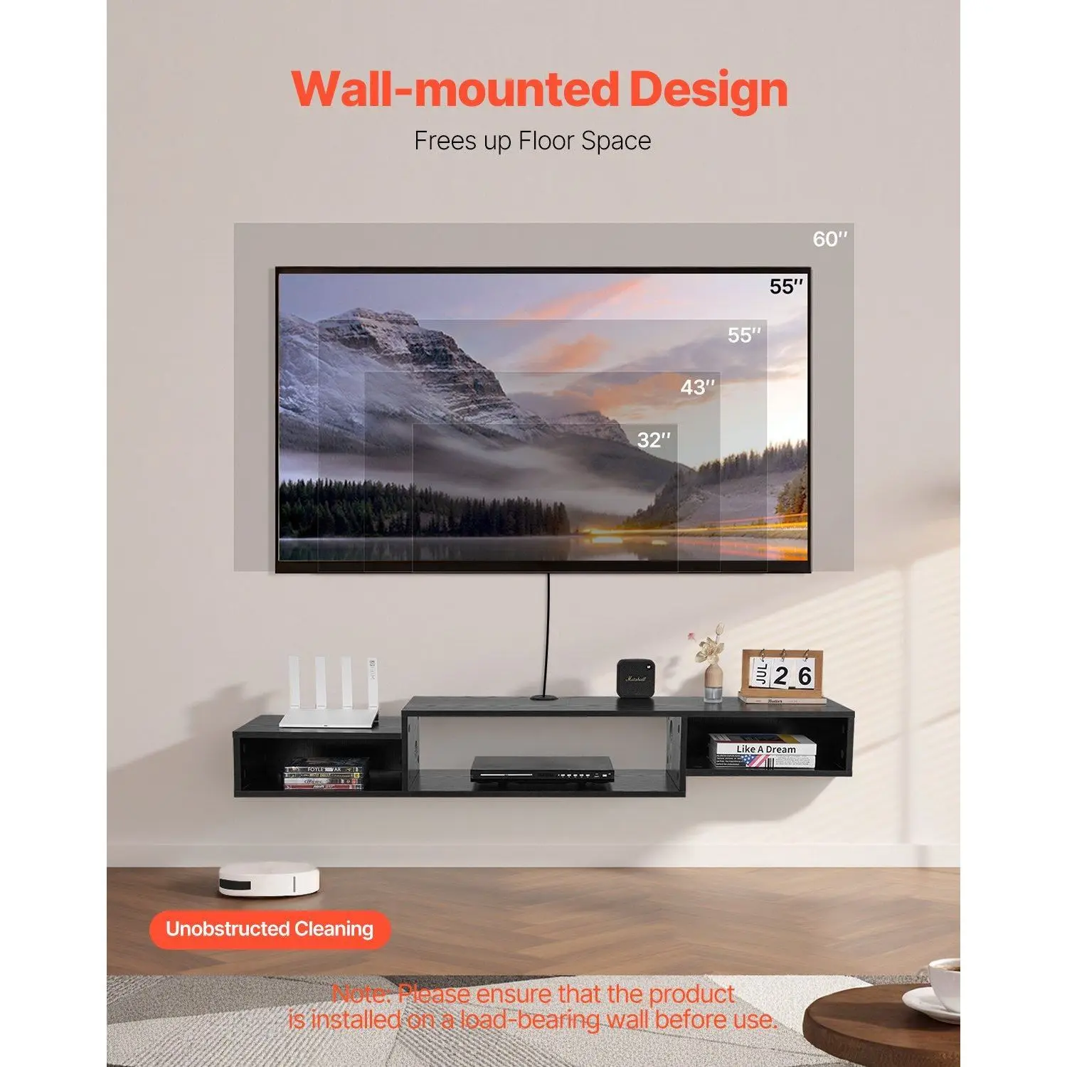 Modern 59-inch floating TV stand Wall-mounted entertainment center with power socket cable hole