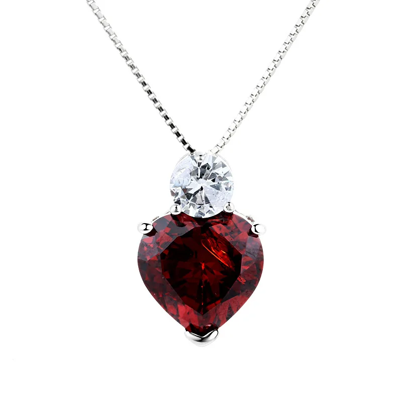 

S925 Pure Silver Plated Women's Red Diamond Heart-Shaped Eternal Love Pendant Necklace