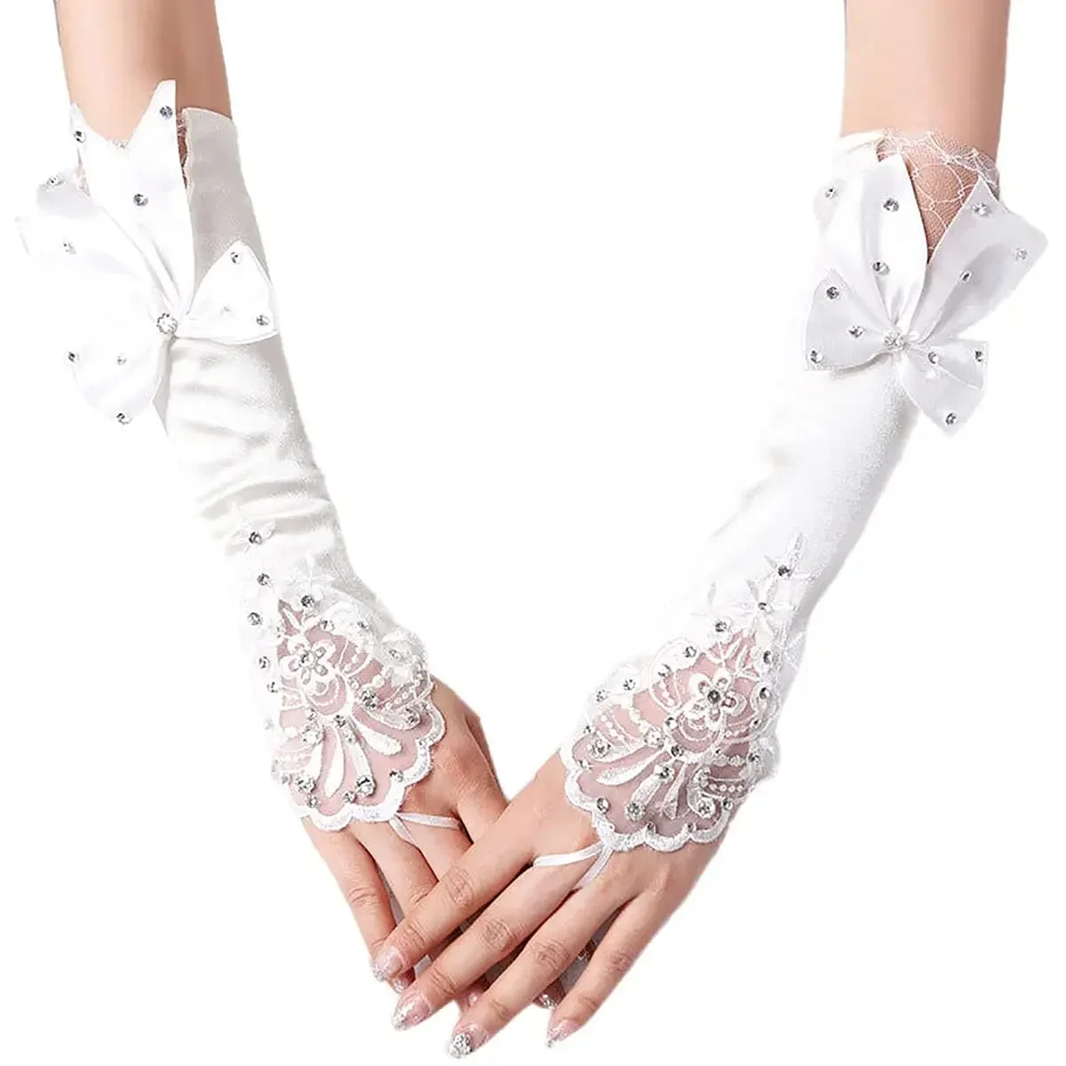 Stain Long Women’s Wedding Gloves Ivory Fingerless Lace Bridal Gloves Crystal Bow Flower Gloves for Bride Rhinestone Wedding