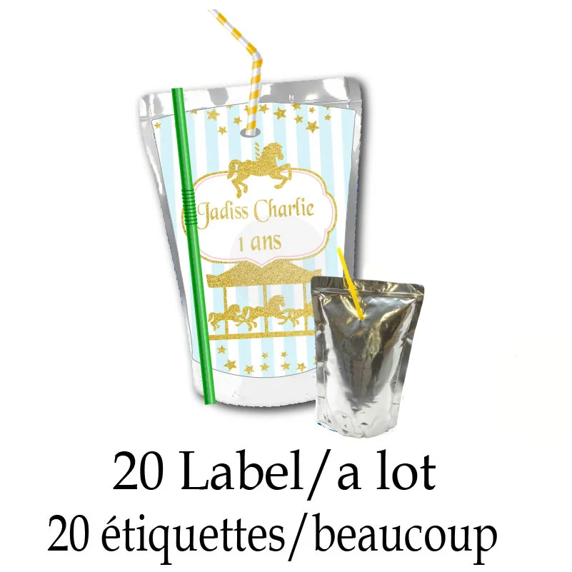 Personalized Carousel Horses Juice Pouch Bag Custom Stickers Water Bottle Labels Candy Bar Wrapper Birthday Party Decor Supplies