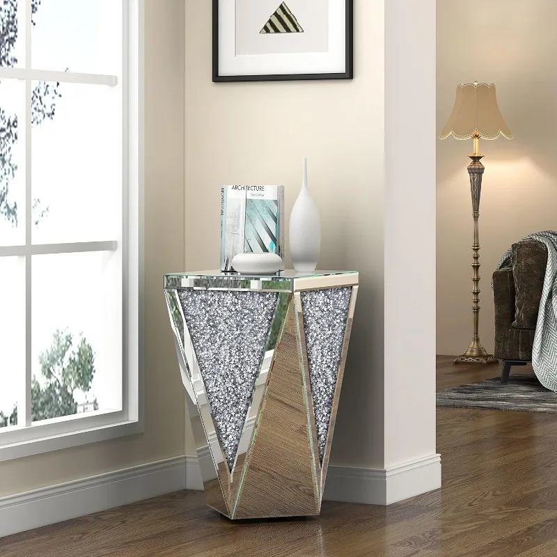 Mirrored End Table Crystal Diamond Setting Coffee Table Silver Glass Side Table Pedestal Stand for Hallway, Living Room