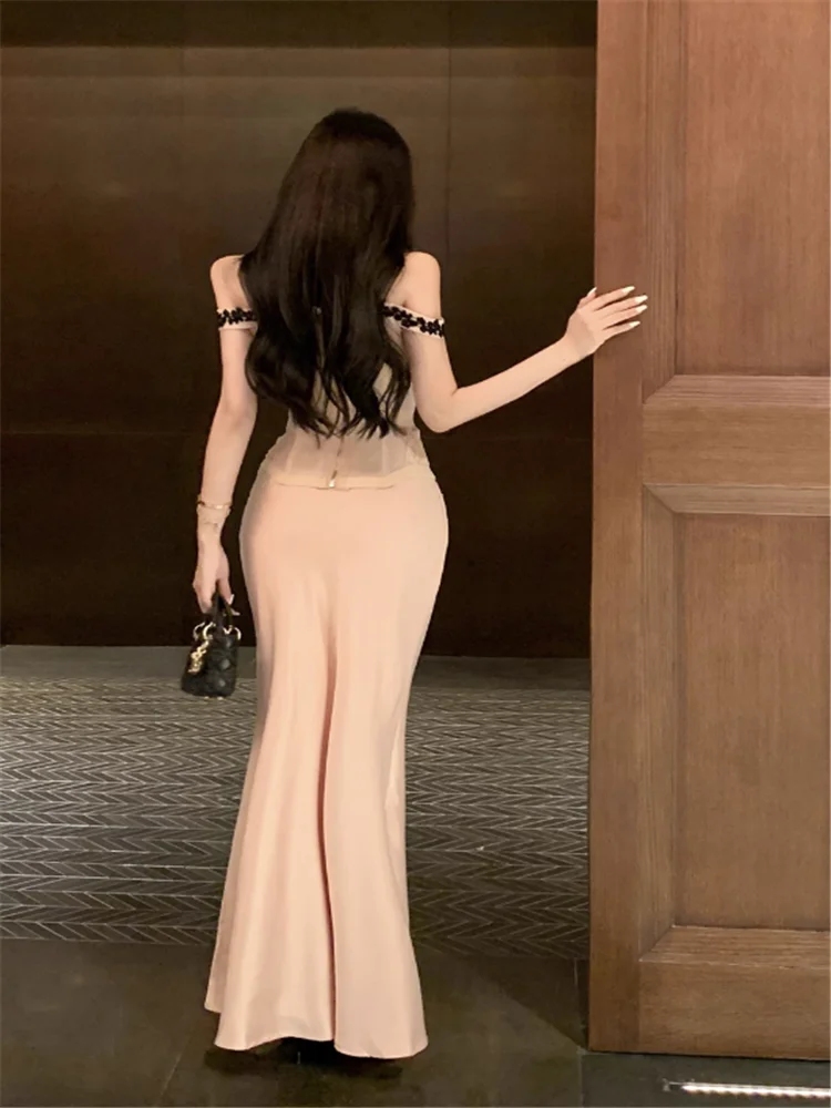 Set di abiti in due pezzi da donna rosa stile palazzo francese Set di camicette in pizzo con spalle scoperte da 2 pezzi per celebrità vintage + set di gonne lunghe sottili a vita alta